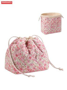 Cotton Quilted Drawstring Makeup Bag Canvas Lining Cosmetic Pouch Travel